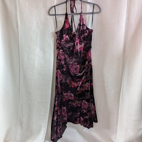 Le Chateau Velvet Dark Floral Halter Midi Dress Asymmetrical Hem XL Whimsigoth - Picture 3 of 13
